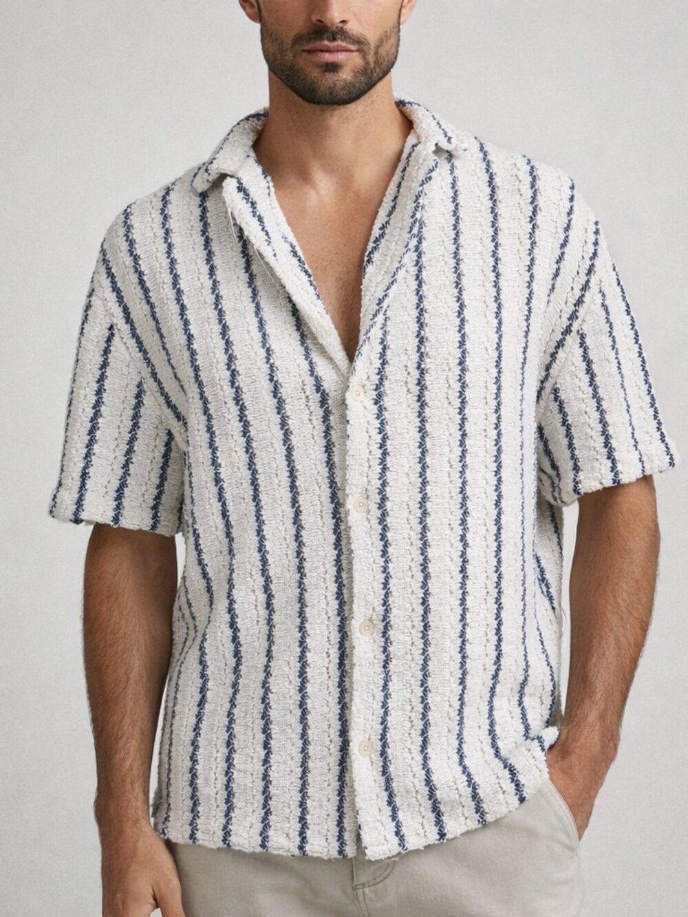 Zara Mens Textured Open Knit Short Sleeve Stripped Button Down Shirt Sz Large